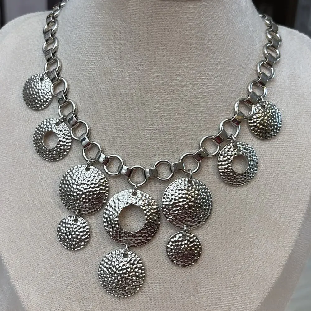Nina Ricci Silver Textured Disc Pendant Necklace